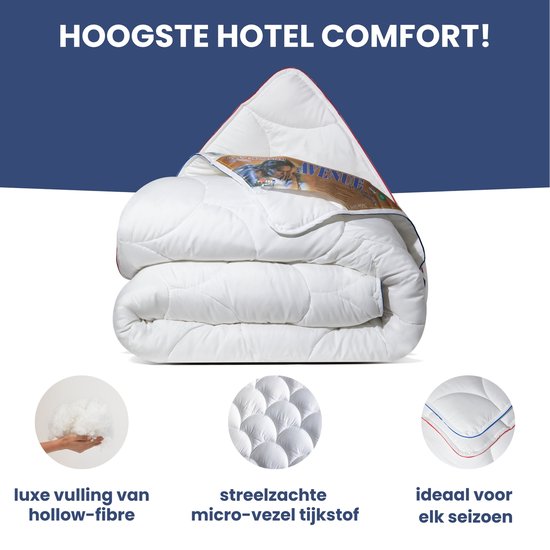 Wit Avenue dekbed met rode en blauwe bies, met uitleg over hollevezelvulling, microvezelstof en seizoensgebruik.