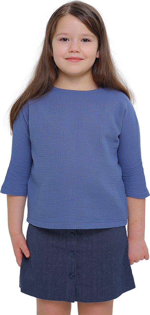 RobyKris Meisjes Blouse - Katoenen mousseline - Blauw - Maat 104-110
