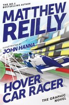 De cover van het graphic novel 'Hover Car Racer' met een blauw-witte raceauto op een circuit. Geschreven door Matthew Reilly.