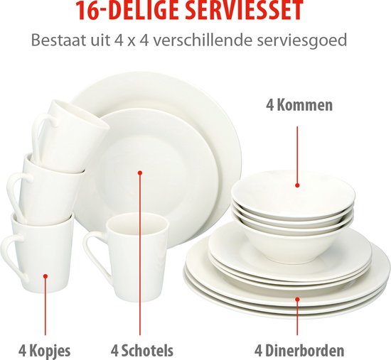 Een 16-delige witte serviesset bestaande uit 4 dinerborden, 4 dessertborden, 4 kommen en 4 mokken.