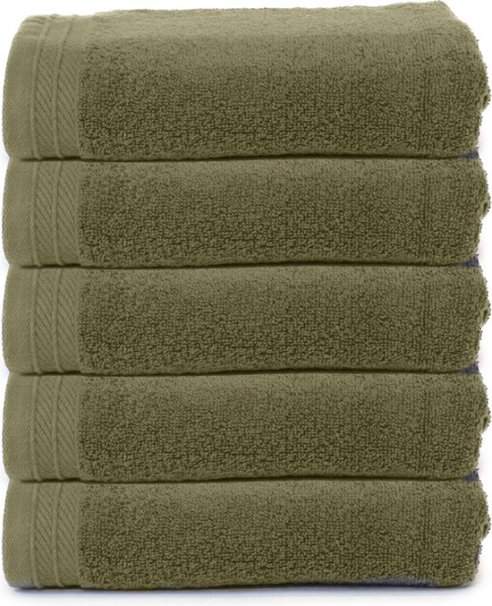 Set de Handdoeken bio The One Towelling - 5 pièces - 50 x 100 cm - Qualité hôtelière - Ensemble de serviettes - Serviette de bain - 550gr/ m2 - Katoen - Vert olive