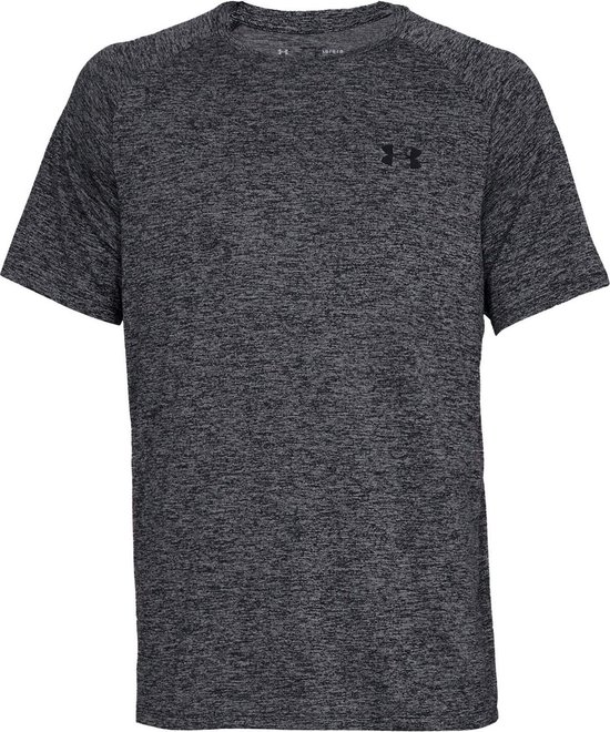 Donkergrijs gemêleerd sportshirt van Under Armour met zwart logo op de borst.