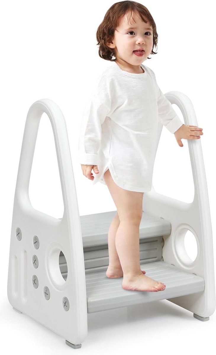 Goedkoopste Kindertrapje, 2-laags trapje, kindervoetenbankje van kunststof, trapladder, perfect voor de kinderkamer, keuken en badkamer (grijs