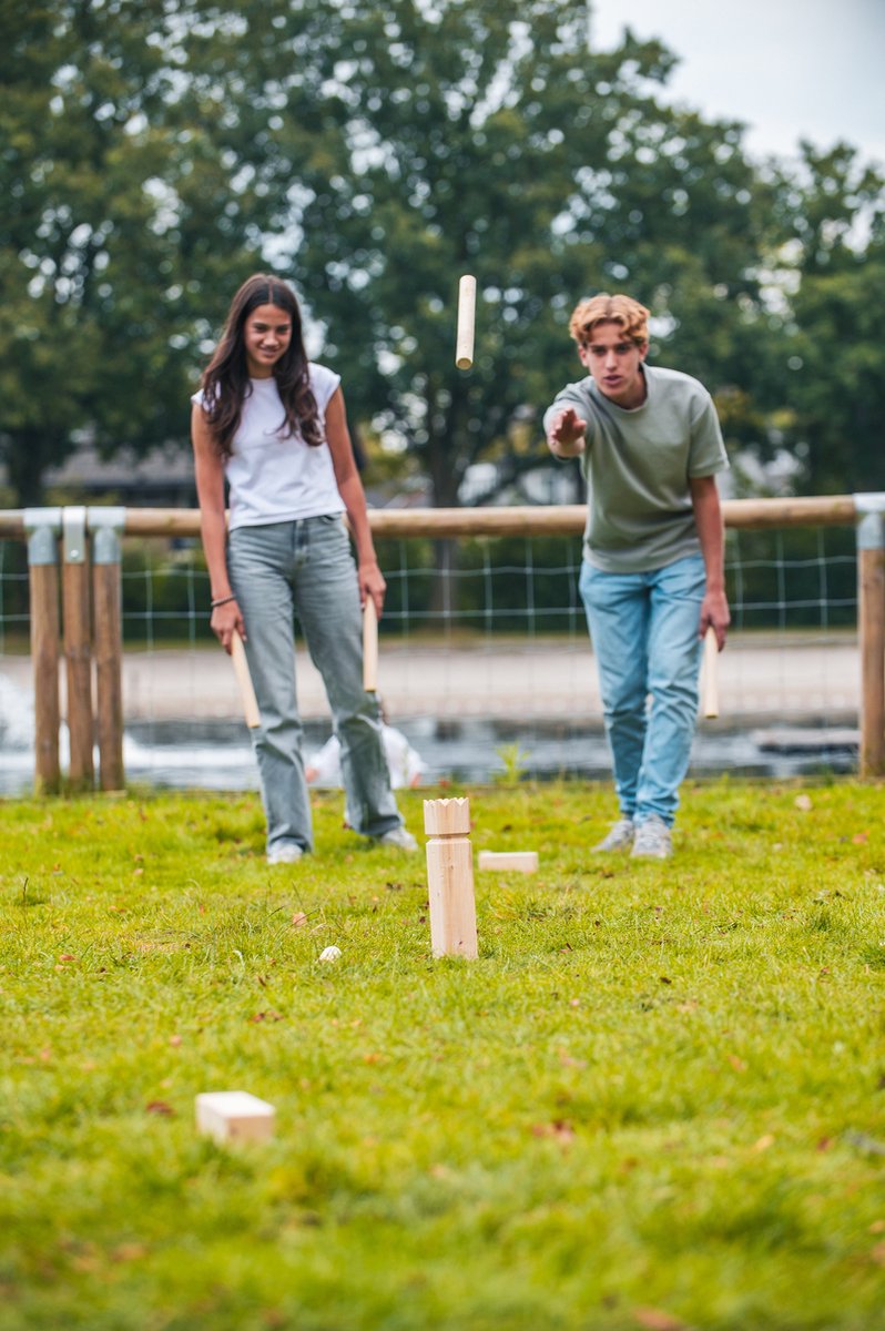 Bex Kubb Original – Zweeds Vikingschaak – Premium Buitenspel – Massief Rubberhout – Koning Met Houtkleurige Kroon – Vanaf 8 Jaar – Inclusief Draagtas — afbeelding 8