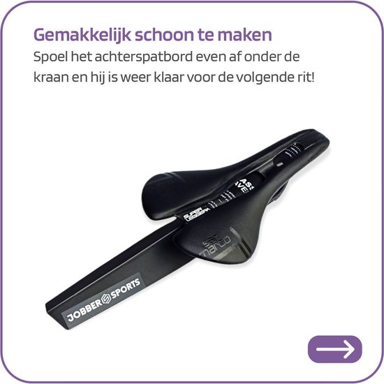 Zwart, opvouwbaar fietsspatbord met "JOBBER SPORTS" logo, gemonteerd onder een zadel.