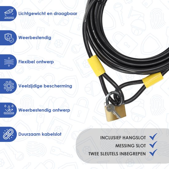 Terraskabel Kabelslot 10 Meter - Fietsslot Hangslot voor Ultieme Beveiliging: Lang Kabelslot met Messing Hangslot, Infokaart en 2 Sleutels — afbeelding 3