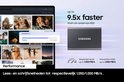 Grijze Samsung Portable SSD T7 naast een scherm met foto's en tekst 'up to 9.5x faster'.