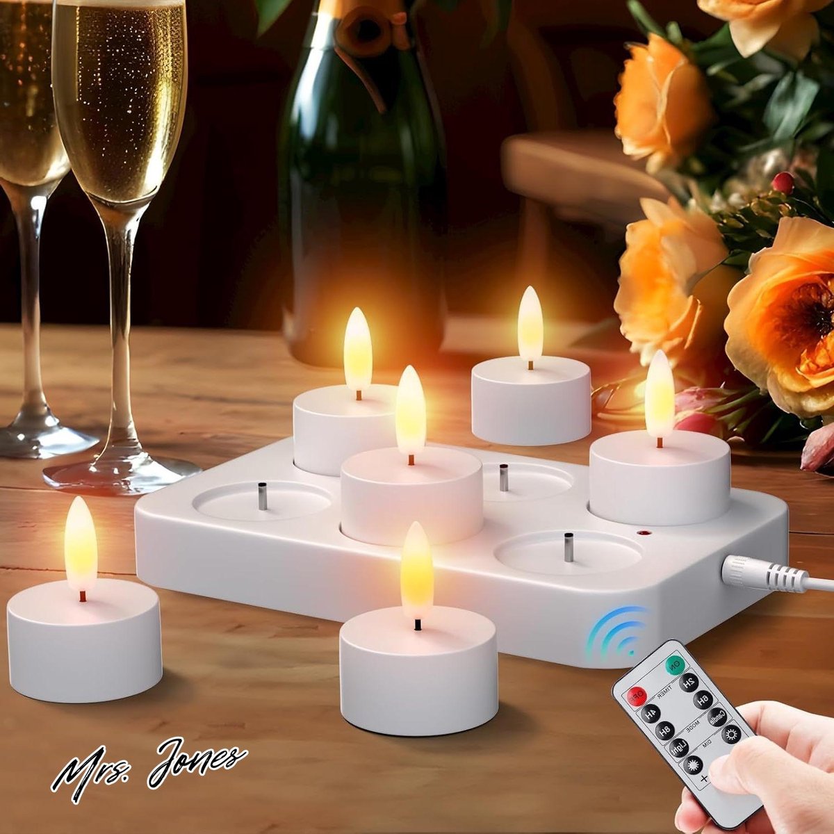 Mrs. Jones LED Tea Light wit 6 stuks met timer oplaadbare kaarsen vlamloze kaarsen flikkeren kaarslicht nachtlampje elektrische theelichtjes jeugdwijding windlicht tafellicht . multi color