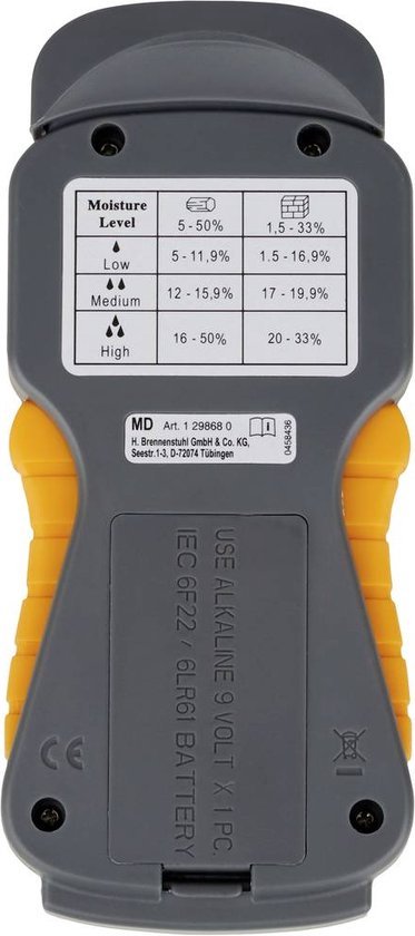 Achterkant van een gele en grijze vochtmeter met een tabel voor vochtigheidsniveaus.