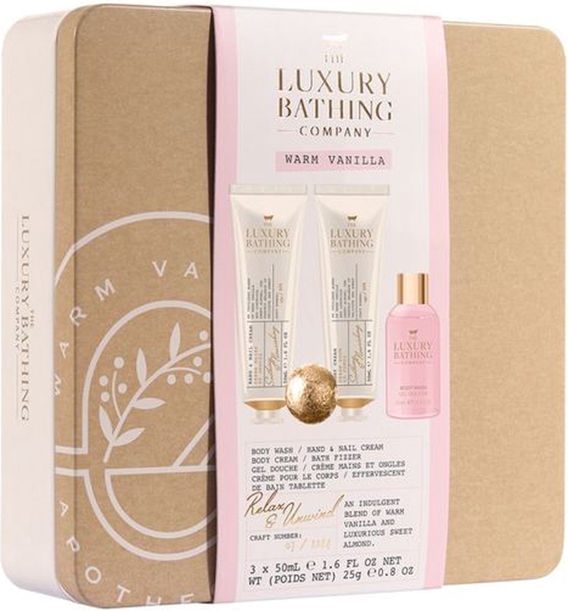 Goedkoopste Relax & Unwind Cadeauset, Warm Vanille, Hand- en Nagelcrème, Bodycrème, Douchegel, Badbal, Metalen Doosje
