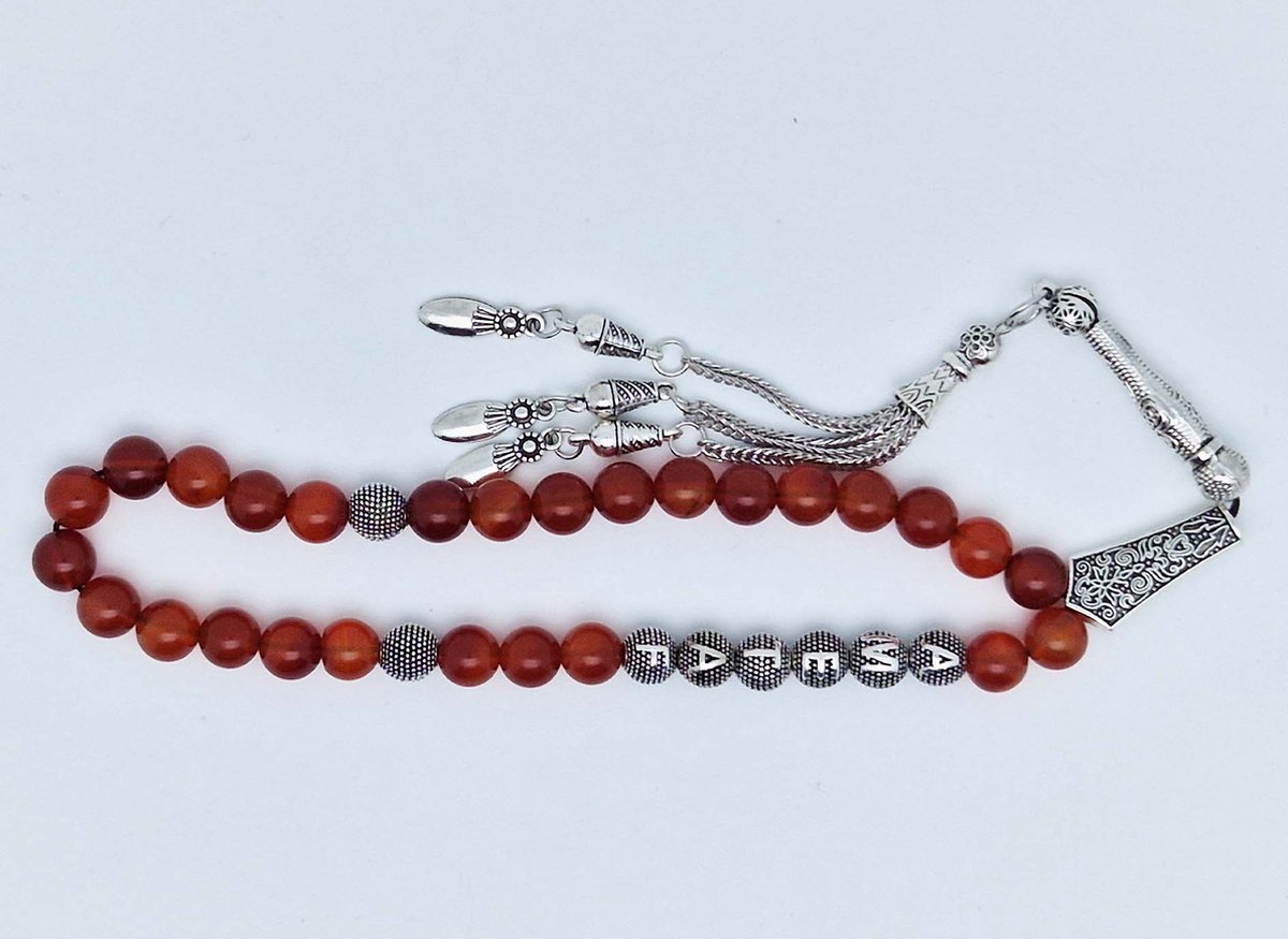 Handgemaakte naam tasbih 33 Kralen Natuursteen “ Rood Agaat” - met metaal tassel “Druppels"- Met je naam of de naam van uw geliefde- 8 mm diameter van de korrel
