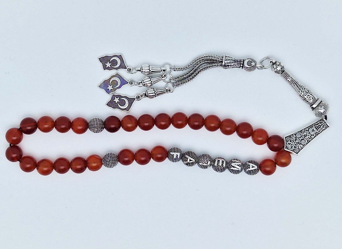 Handgemaakte naam tasbih 33 Kralen Natuursteen “ Rood Agaat” - met metaal tassel “Turkije"- Met je naam of de naam van uw geliefde- 8 mm diameter van de korrel