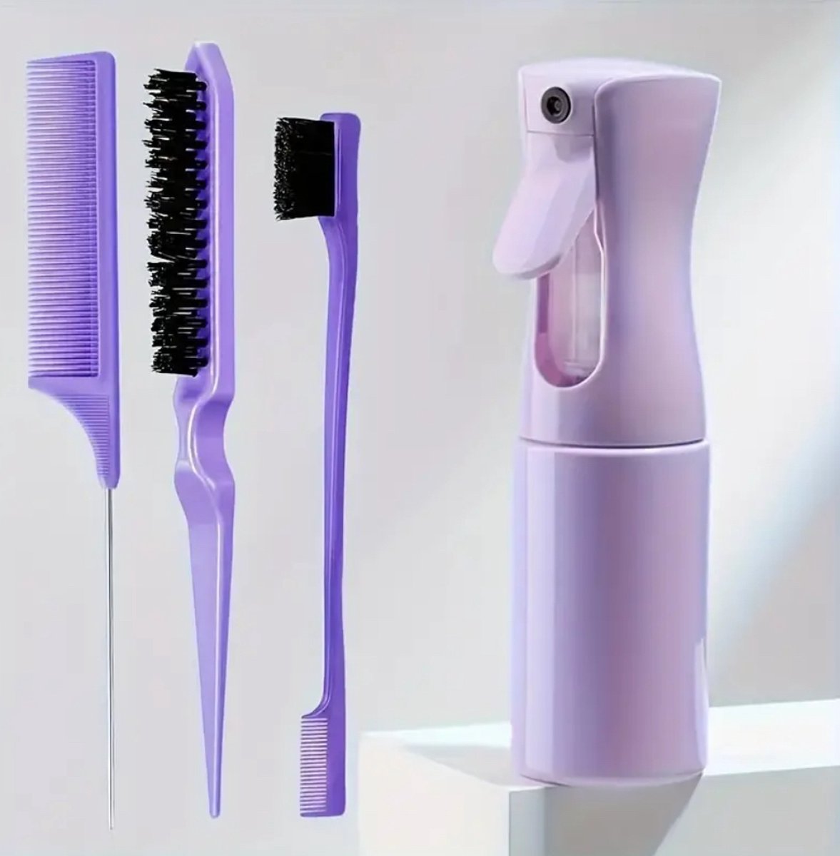 FA-VE Slick Back Hair Brush - Slickback Hairbrush Set van 4 - Haarborstel Set Met Spray - Toupeerkam - Toupeerborstel - Hairbrush - Slick Back Brush - Slick Back Bun Brush - Paars