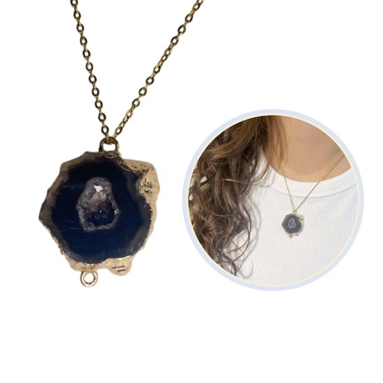 Zwarte Agaat Geode Ketting met Goudrand
