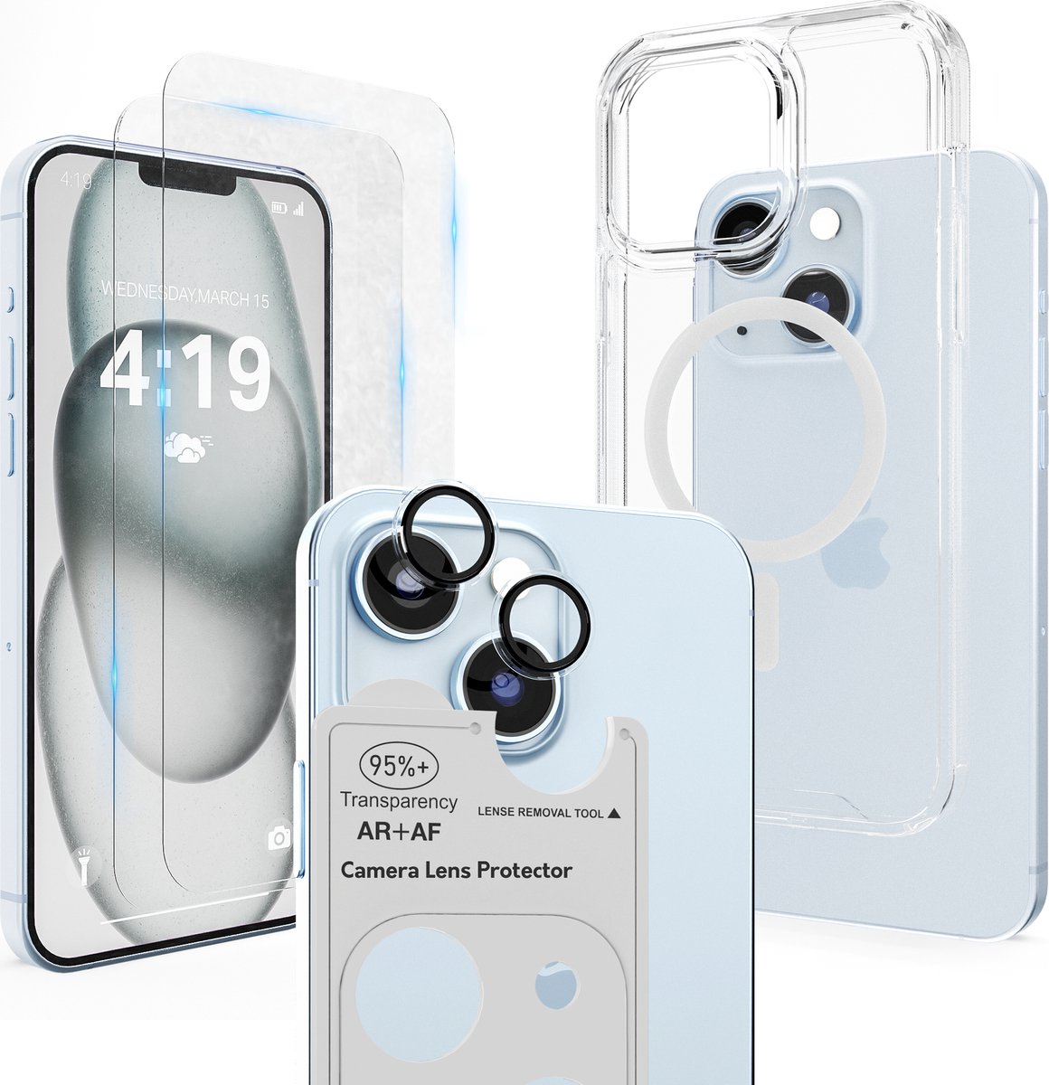 Hoesje Geschikt voor iPhone 15 Transparant - 2x Screenprotector - Geschikt voor MagSafe - Camera Lens Protector - Anti Shock
