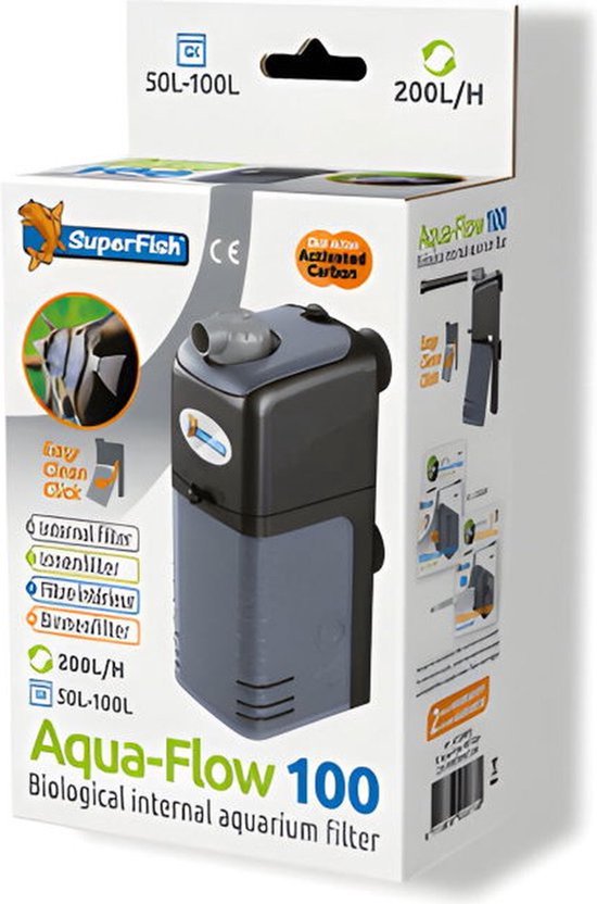 Aqua-Flow 100 biologisch intern aquariumfilter, 200L/H, met geactiveerde koolstof.