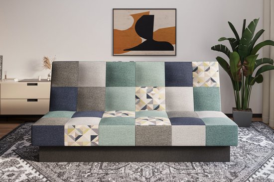 Canapé-lit, canapé avec fonction couchage et espace de rangement, canapé moderne, 3 places, Canapé-lit - Patchwork Chypre - Bleu clair + Grijs - Bragi 80/86/28/82/13 + M101