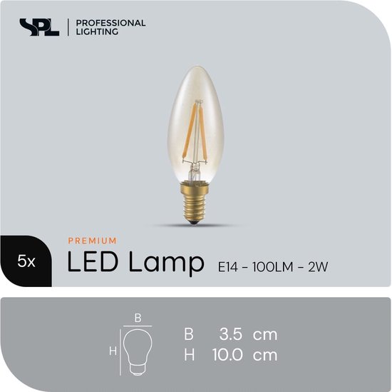 Lampe LED SPL E14 2W Dimmable - CRI 93 - Or - Wit Extra Chaud - 2200K - Bougie à Filament LED C35 - Remplace 11W - 5 Pièces
