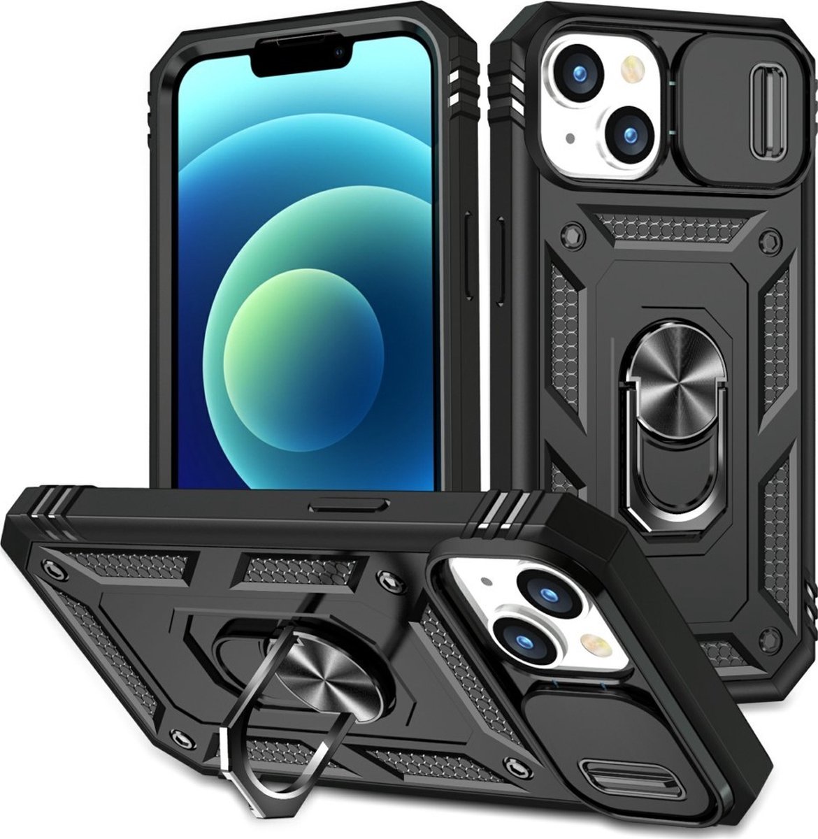 Coverup Hoesje - Geschikt voor iPhone 15 Hoesje - Coverup Ring Kickstand Back Cover met Camera Shield - Zwart