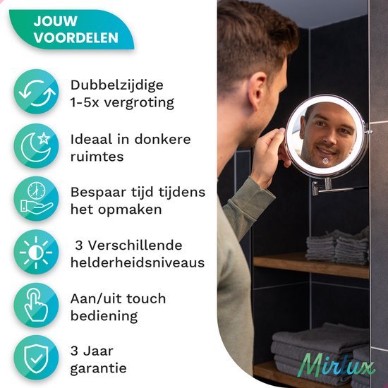 Mooie spiegel met dubbelzijdige 1-5x vergroting, ideaal in donkere ruimtes, met aan/uit touch bediening en 3 helderheidsniveaus.
