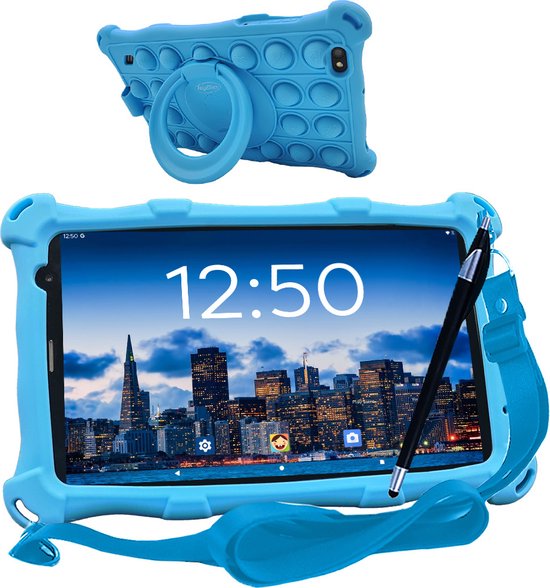 AngelTech Kindertablet PRO MAX - 4+3GB RAM - 64+64 GB - In Bol Sterrenreview 2024 - Snelle 8 Inch Kindertablet - Vanaf 3 Jaar - Perfect Voor School - Ouderlijk Toezicht - Ook Voor Volwassenen - 360° Fidgy Beschermhoes - Blauw