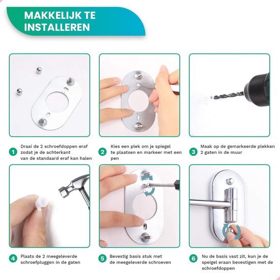 Stappenplan voor de installatie van een Mirlux spiegel met schroeven en pluggen.