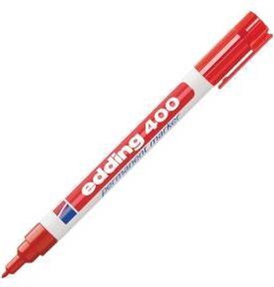 Rode edding 400 permanente marker met witte behuizing en blauwe streepjes.