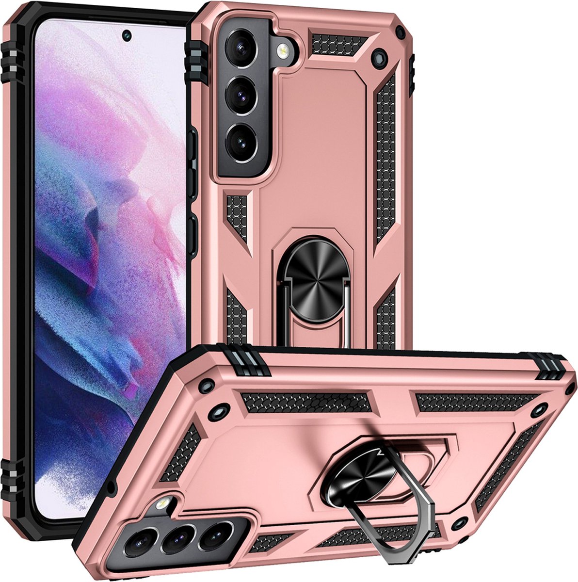 MobyDefend Hoesje - Geschikt voor Samsung Galaxy S22 - Pantsercase Met Draaibare Ring - Rosé