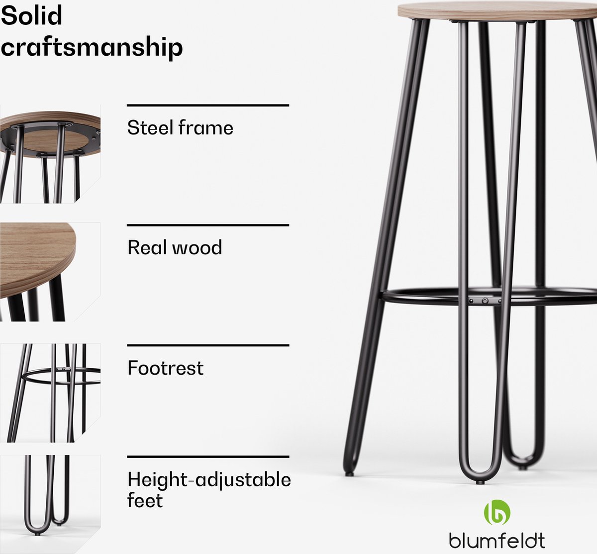 Blumfeldt Bistrostoel – Industriestijl houten zitting Ø33 cm, Stalen frame met voetsteun, Robuuste & elegante barkruk, Eenvoudig te reinigen, Barkruk, Eiken