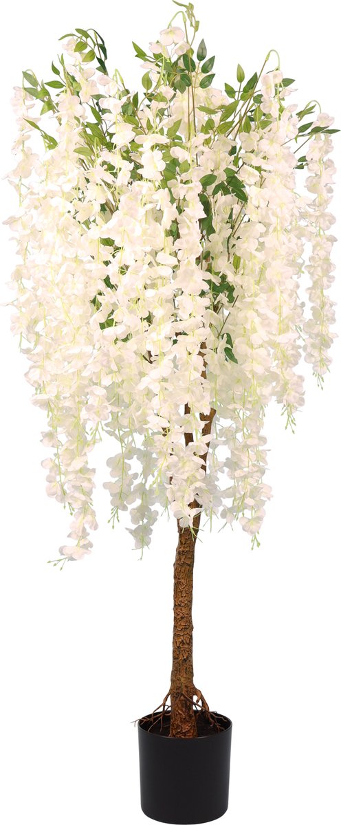 Kunstpalm Kunst Wisteria Bloemboom Deluxe | Wit – 150cm – Zijde Blauwe reken Kunstplant – Deluxe Kunstplant bloembol – Extra Vol – Hyperrealistisch