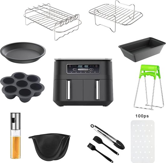 Fentic Airfryer Accessoires – 19-delig - Geschikt voor XL en XXL Airfryers, Philips, Cosori 5.5L, Ninja, Cecotec, Tefal, Princess – BPA-vrij - Inclusief Siliconen Bakje en E-Receptenboek