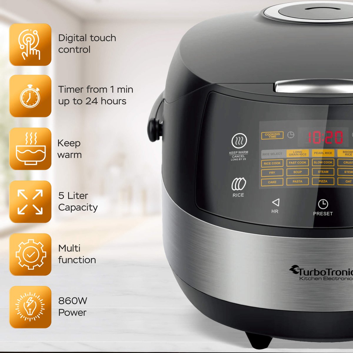 TurboTronic DMC22 CookMaster Digitale MultiCooker - rijstkoker - 5L – 20-in-1 Multifunctionele Snelkoker met LED Display, 860W, Keramische Antiaanbaklaag thumbnail 3