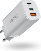 Voomy USB C Adapter 65W - Oplader - Snellader - USB C Lader - Universeel - 2 USB C & 1 USB A Poort - Geschikt voor Laptop, telefoon, tablets en meer - Wit