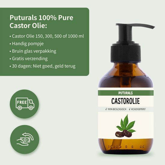 Bruine glazen fles met pomp van Puturals Castorolie, met label met groene tekst 'Puturals 100% Pure Castor Olie'.