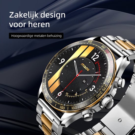 Maoo Titan AMOLED Smartwatch Heren - Special Edition - Stainless Steel en 2 TPU bandjes - Stappenteller - Hartslagmeter - Slaapmonitor - Multisport - Geschikt voor Android en iOS - Zilver en Goud
