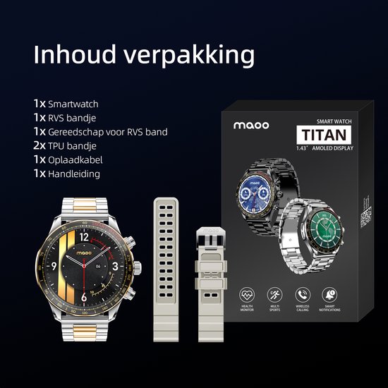 Maoo Titan AMOLED Smartwatch Heren - Special Edition - Stainless Steel en 2 TPU bandjes - Stappenteller - Hartslagmeter - Slaapmonitor - Multisport - Geschikt voor Android en iOS - Zilver en Goud