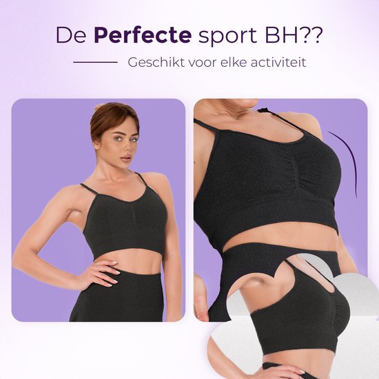 Zwarte sport BH met ruches, geschikt voor elke activiteit. Vergelijking van ondersteuning.
