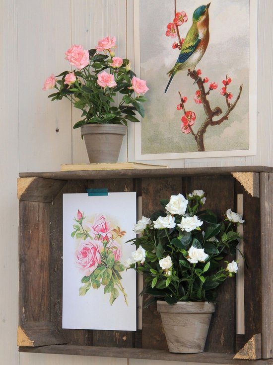 Mica Decorations Kunstplant - 2x - rozen - roze - in grijze pot - 33cm - kunst roos