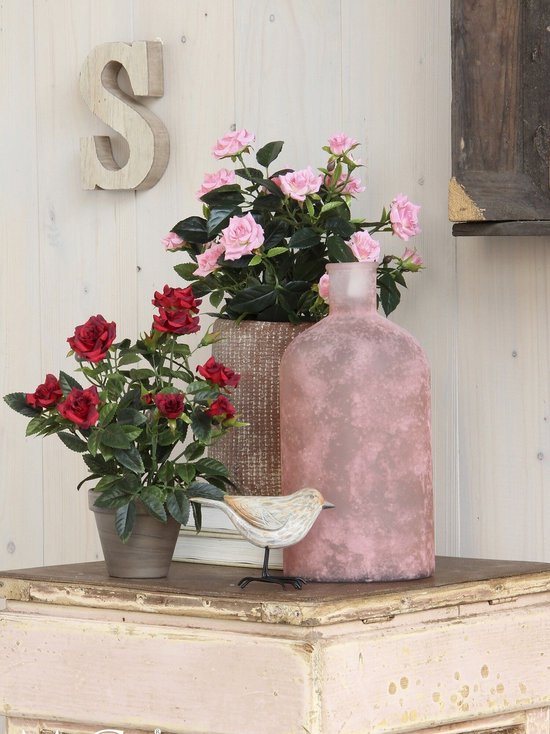 Mica Decorations Kunstplant - 2x - rozen - roze - in grijze pot - 33cm - kunst roos