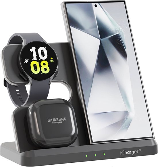 Donkergrijze 3-in-1 oplader met Samsung telefoon, horloge en oordopjes, met groene LED's.