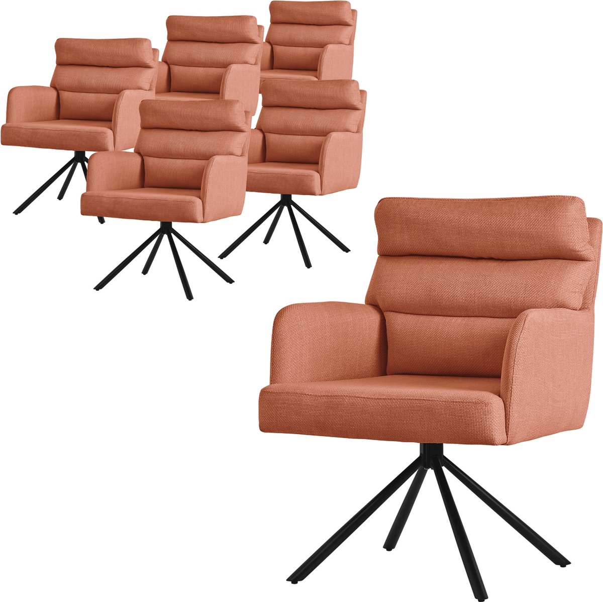 ml-design eetkamerstoelen draaibaar set van 6, oranje, woonkamerstoelen met armleuningen en rugleuningen, gestoffeerde stoelen met polyester bekleding en rugkussens, keukenstoelen met metalen poten