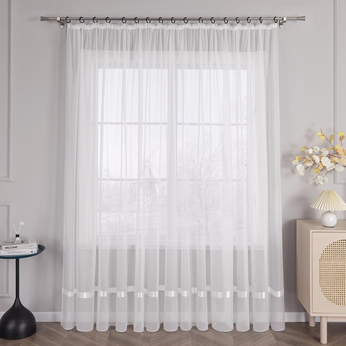 Goodivery ® Gordijnsjaal van Transparant Voile met Satijnen Lint en Plooiband, Wit, 120x300 cm