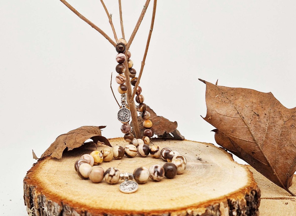 Handgemaakte natuursteen Geluksarmband met hanger "Astrologische Symbolen " Australia zebra jasper" -8 mm diameter van de korrel- Diameter armband 20 cm - Kies je favoriete Astrologische Symbolen - Een mooi cadeau voor familie en vrienden