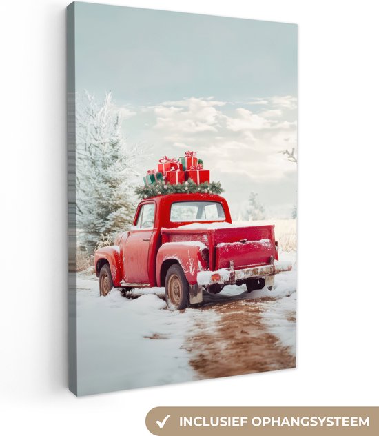 Canvas schilderij 80x120 cm - Wanddecoratie Auto - Rood - Cadeaus - Winter - Sneeuw - Kerst - Muurdecoratie woonkamer - Slaapkamer decoratie - Kamer accessoires - Schilderijen - Kerstdecoratie voor binnen - Kerstversiering - Kerstmis versiering