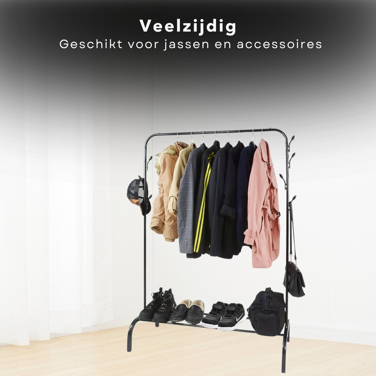 Garderoberek met Kapstok en Schoenenrek - Metalen Kledingrek - 110x40x150 cm - Zwart - Met Haken - Opbergruimte voor Schoenen - Inclusief EBOOK – foto 2