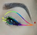 Oog met een regenboog aan gekleurde eyeliner: geel, blauw, paars, roze en oranje. Met glitters op de oogleden.