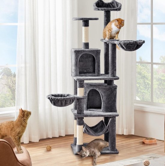 Dutchers.® - Hoge Kwaliteit Sisal Krabpaal XXL voor Grote en Zware Katten - Stevige Boomstam - Toren Verblijf - Kattenboom - 175cm - Grijs