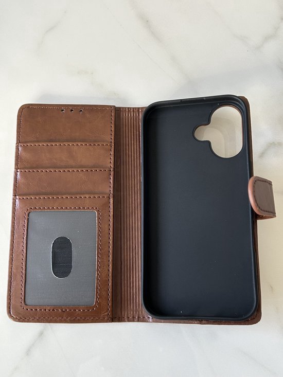 Étui portefeuille en similicuir PU pour iPhone 16 - Qualité Premium - Avec emplacements pour cartes - Marron