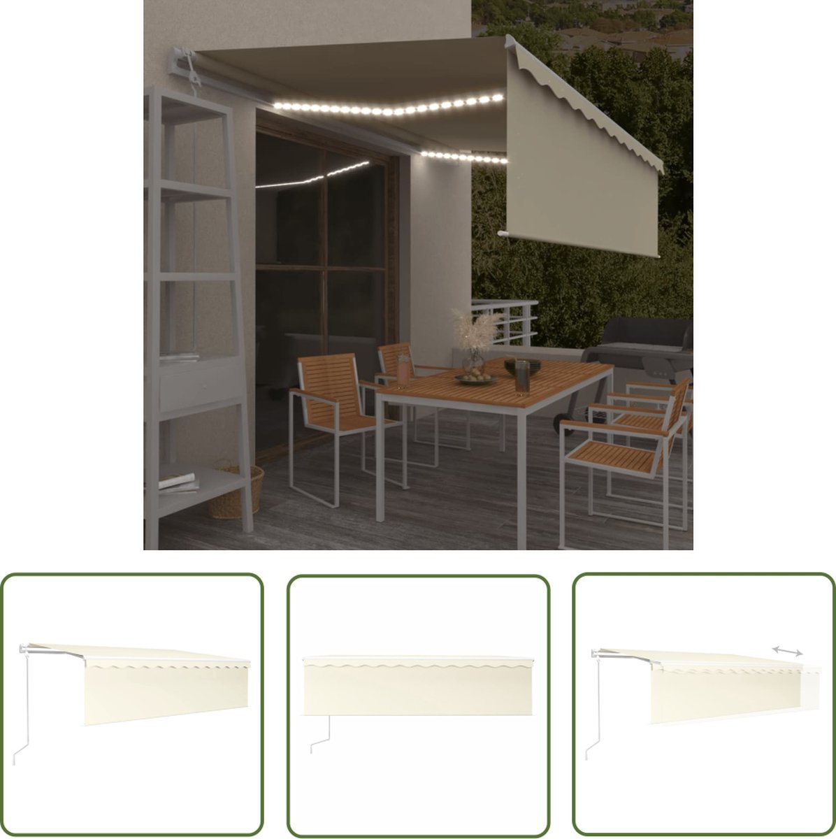 Automatische luifel met crèmekleurig rolgordijn, LED-verlichting en windsensor, van The Living Store.