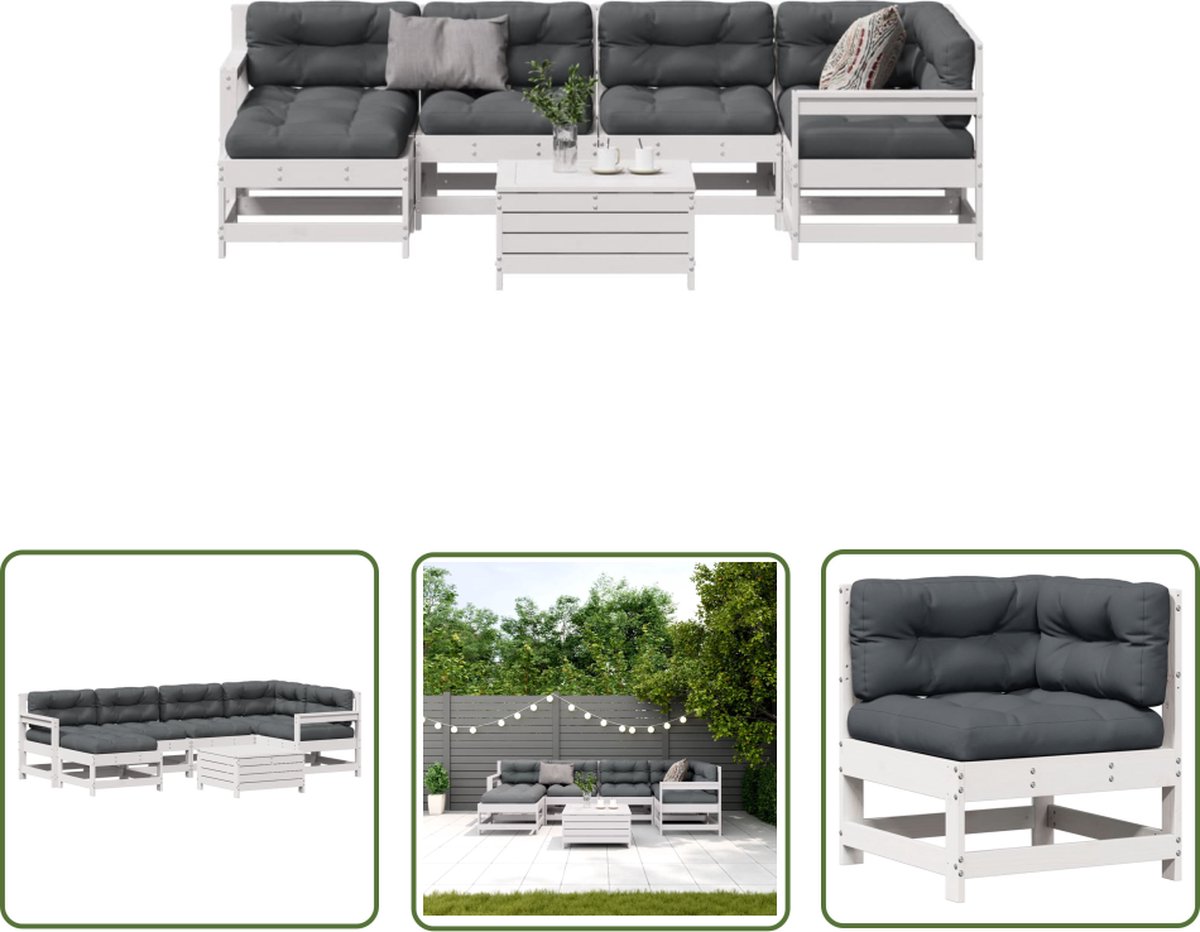 The Living Store 7-delige Loungeset met kussens massief grenenhout wit - Loungebank - Lounge Set - Tuinmeubels - Buitentijdbanken - Teak Hout